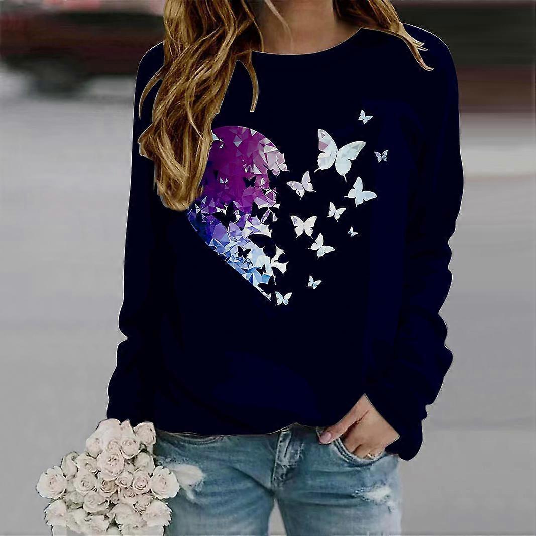 Jeseň Jeseň Dámska Móda O Neck Tričko s dlhým rukávom Voľné oblečenie Modrá krištáľová guľa Motýľ s potlačou Tričko pre dievčatá Street