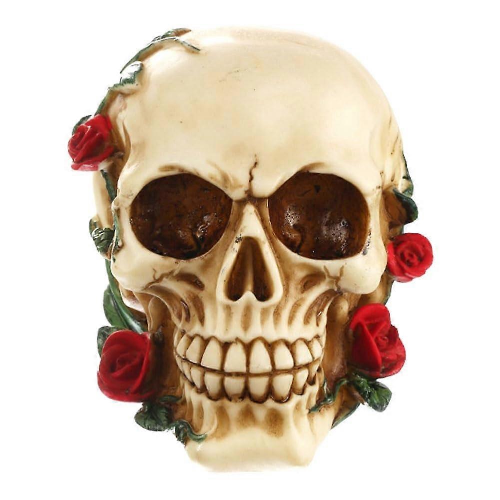 Human Skull With Rose Resin Small Size Sculpture, Resin Skull Collectible Figure, Easy To Use Display