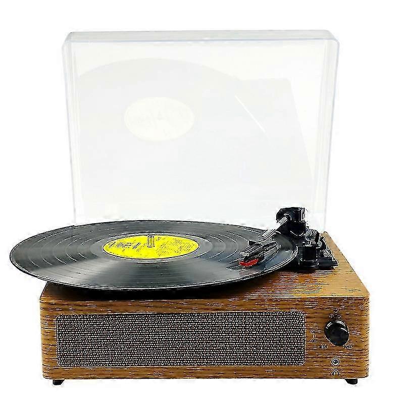 Wooden Simple Retro Gramophone, Wireless Bluetooth Vinyl Record Player with Cover and Dustproof Brown Wood Grain