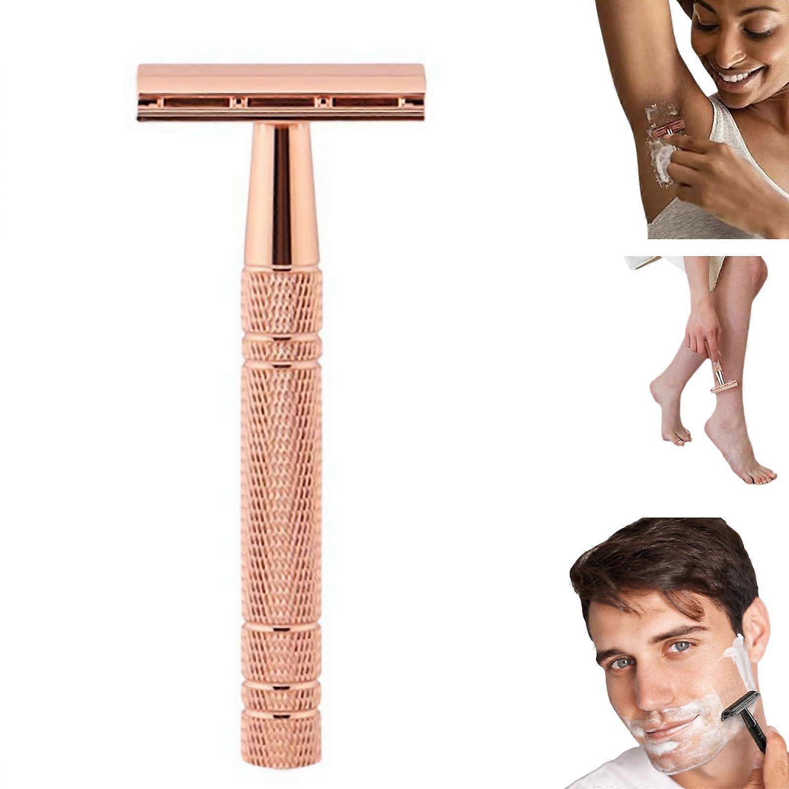 Safety Razor for Women and Men, Rose Gold Reusable Metal Razor with 5 Blades and Stand, Manual Single Blade Razor