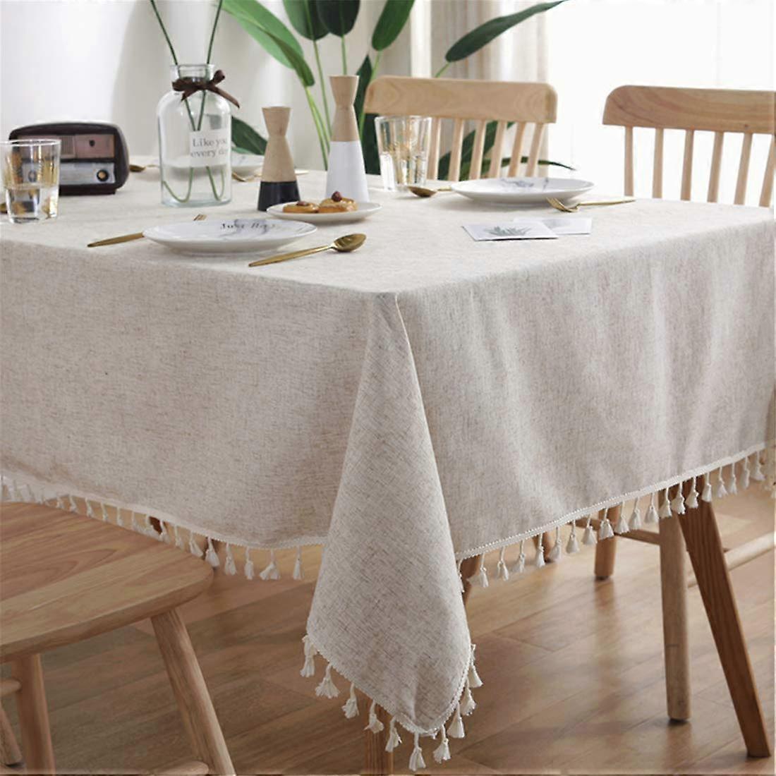 Beige Linen Look Tablecloth with Tassel Rectangular Table Linen Table Decoration 100 x 140 cm 100x140 cm