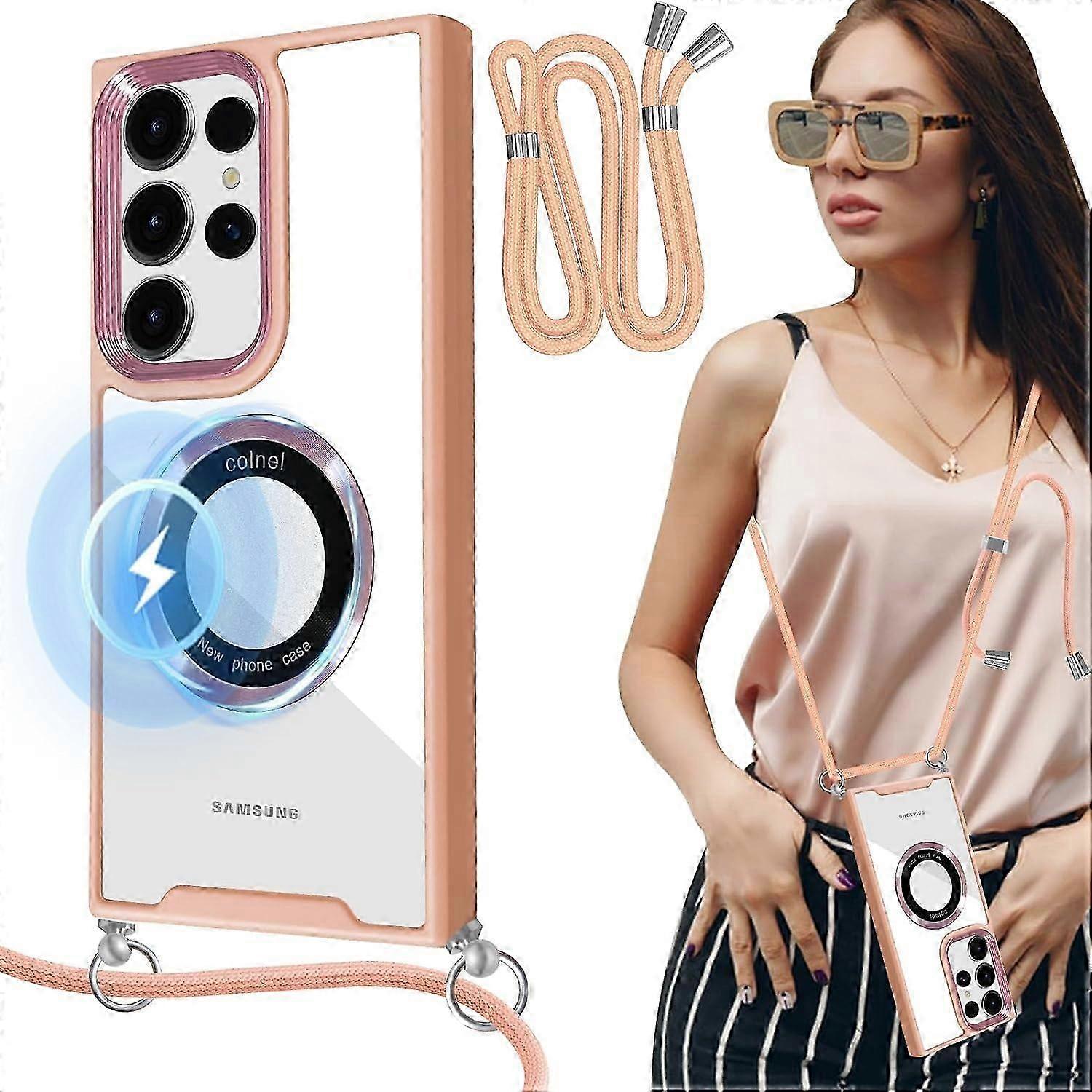 for Samsung Galaxy S24 Ultra Case Clear with Crossbody Strap, [Compatible with Mag Safe], Adjustable