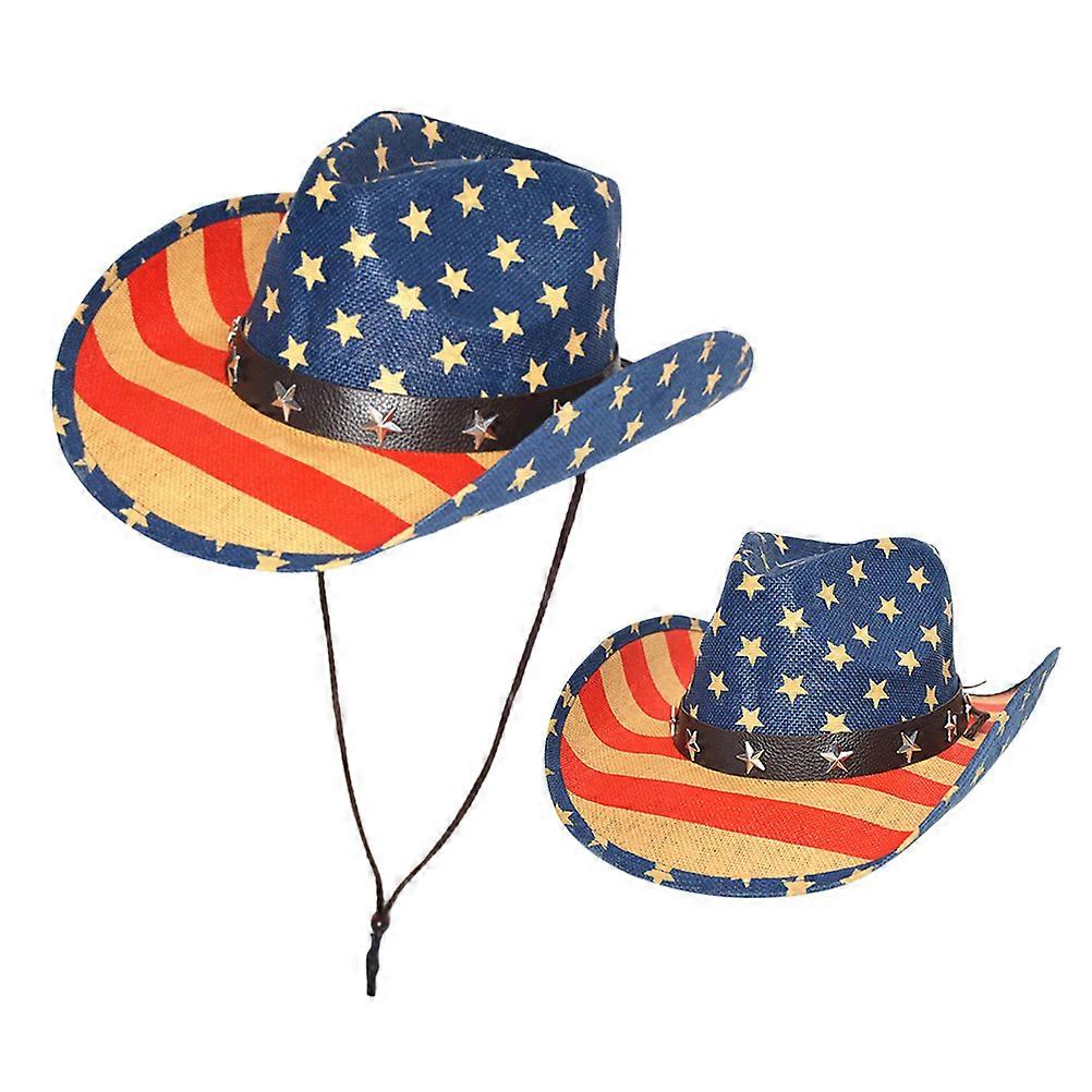 American Flag Hat Vintage Straw Cowboy Hat with Brim Adjustable String Multi Color