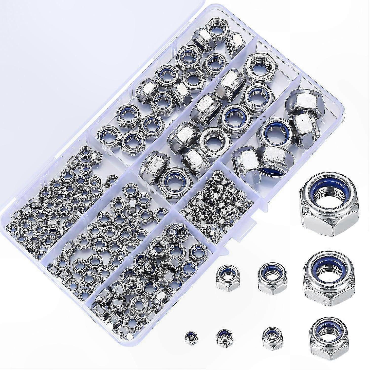 Stainless Steel Self-Locking Hex Nuts Assortment, M3-M12 Threaded Inserts with Nylon Counter Nuts (170 Pieces)
