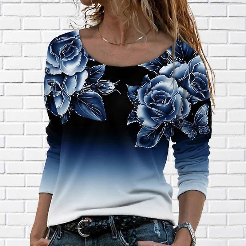 Kvinnor Höst Toppar Lös Katt Vacker Ros Tryck Causal Långärmad T-shirt Topp Blus