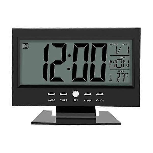 Electronic clock, LCD digital sound sensor alarm clock with calendar and temperature display, black.