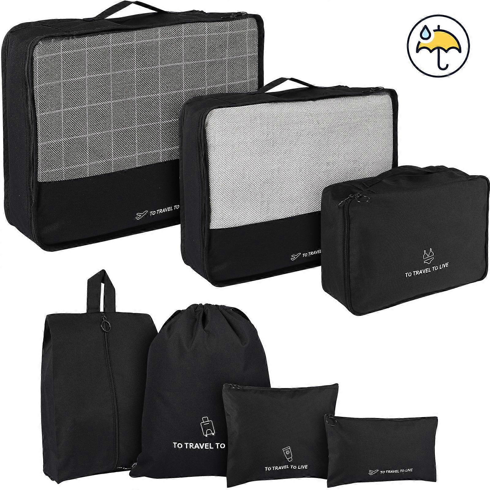 7 Pcs Travel Packing Cubes Suitcase Organizer Bags For In Elegant Black Fabric Style