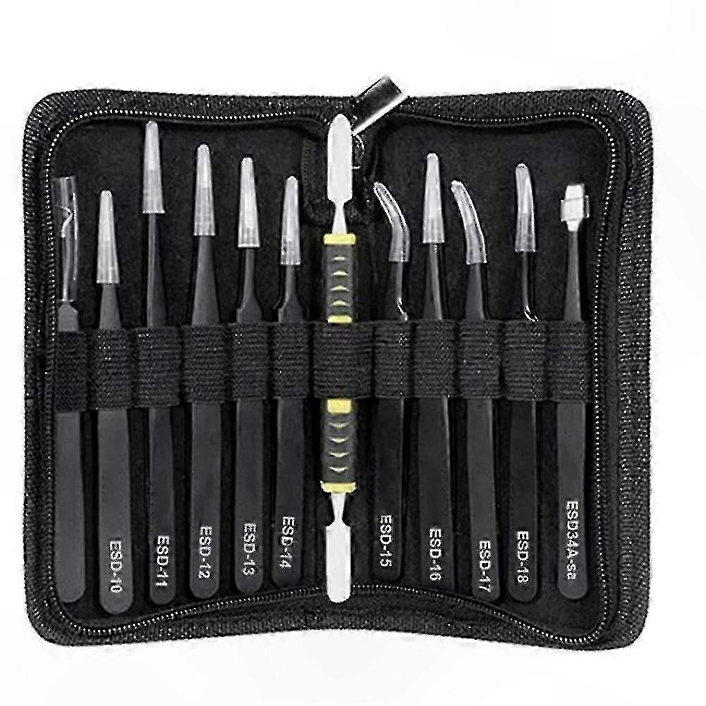 طقم ملاقط ESD مضادة للكهرباء الساكنة من 12 قطعة ، أدوات دقيقة من الفولاذ المقاوم للصدأ غير المغناطيسية للإلكترونيات واستخدام الهوايات