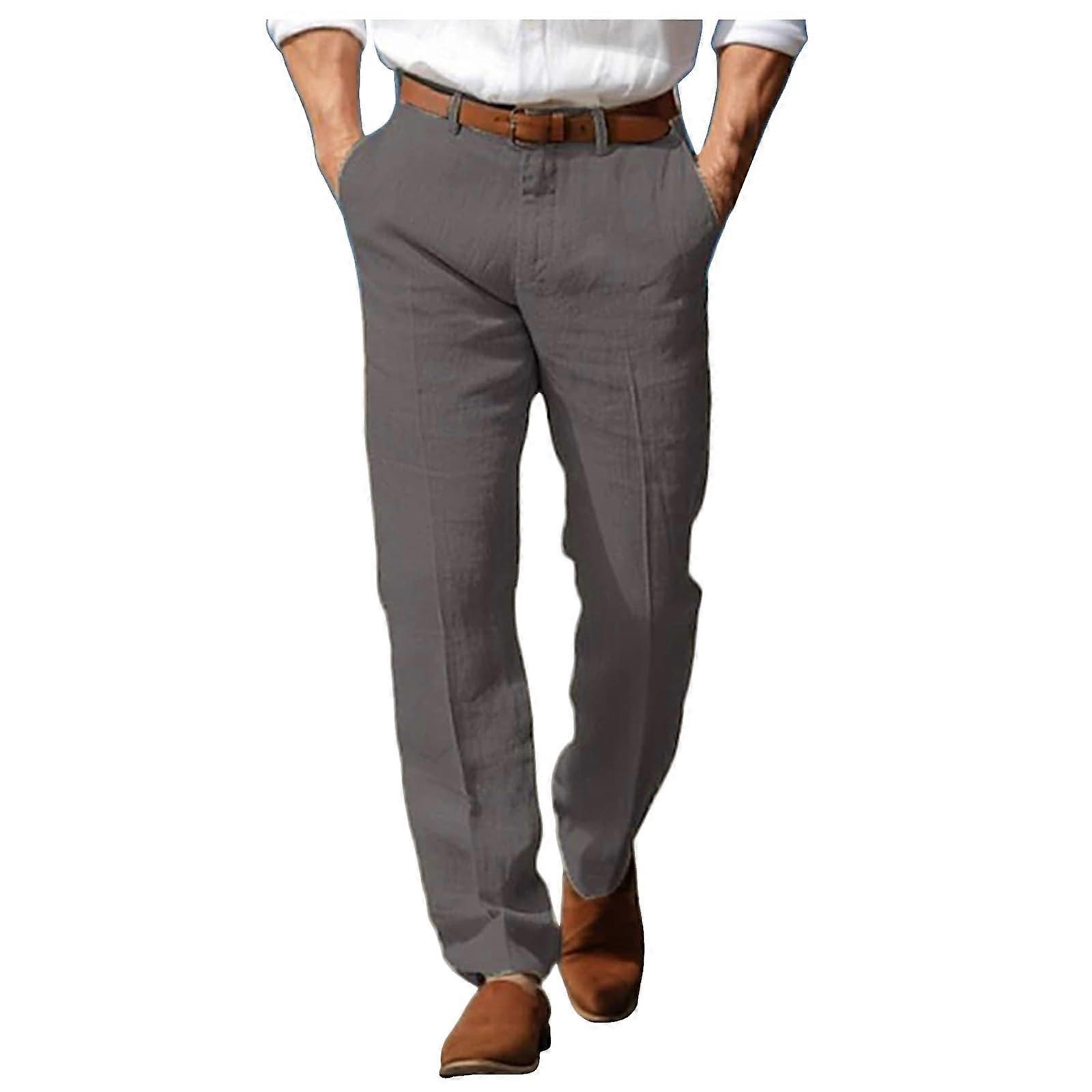 Men's Linen Pants Suit Baggy Summer Without Cuffs Beach Buttons Elastic XL Dark Gray