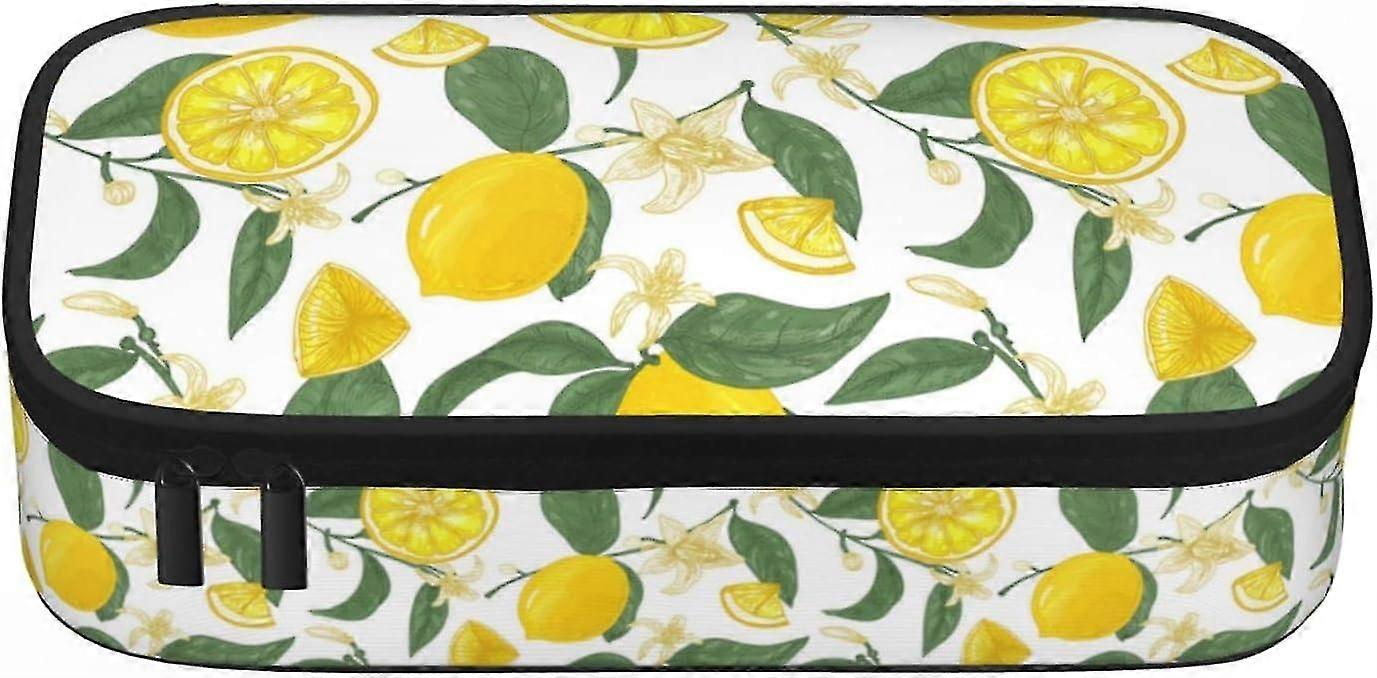 Large Capacity Pencil Case with Lemon and Floral Design, 21cm x 9cm, Portable Pouch for Students and Office Use