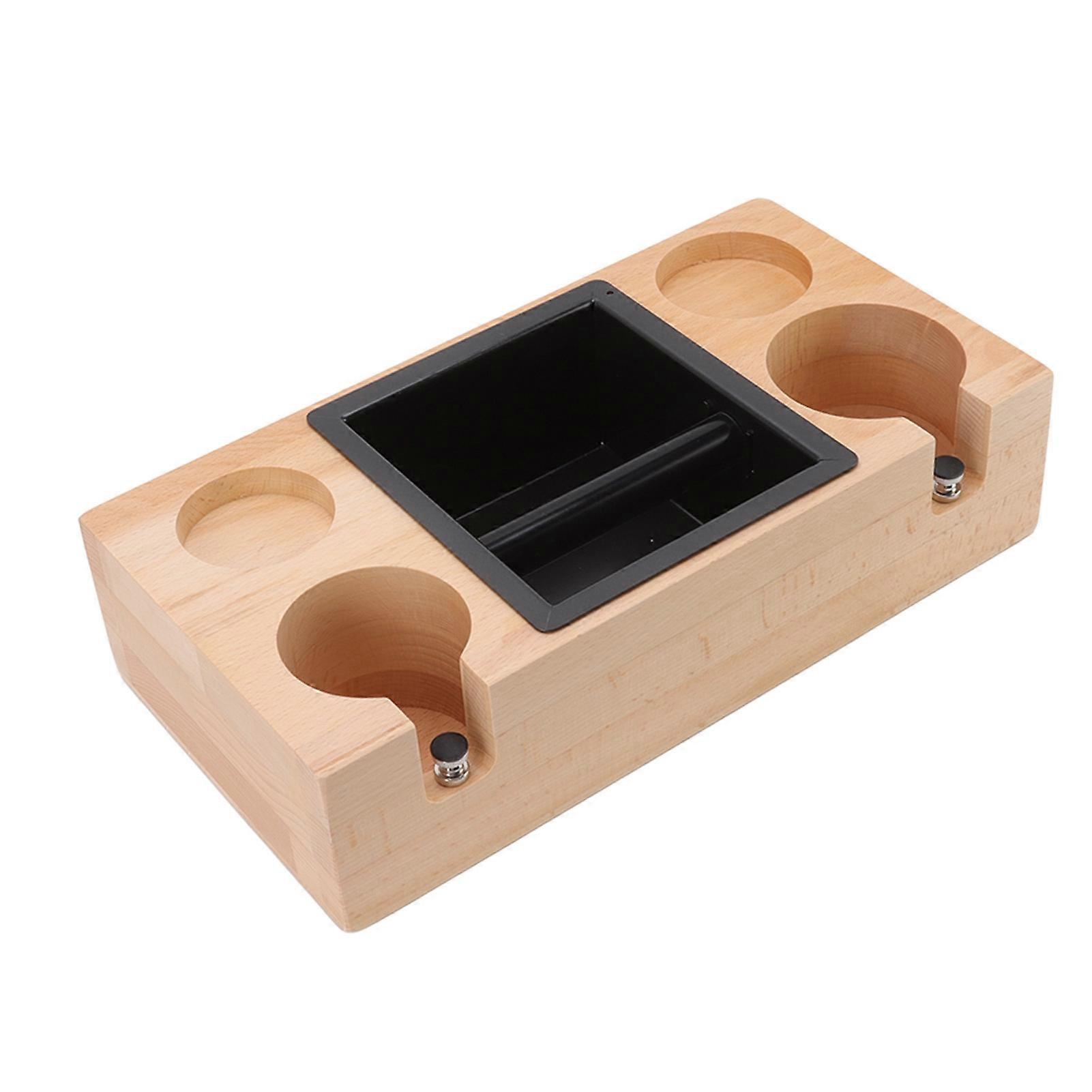 Wooden Coffee Tamper Holder Stand Tamping Station with Knock Box Grounds Container Birch 