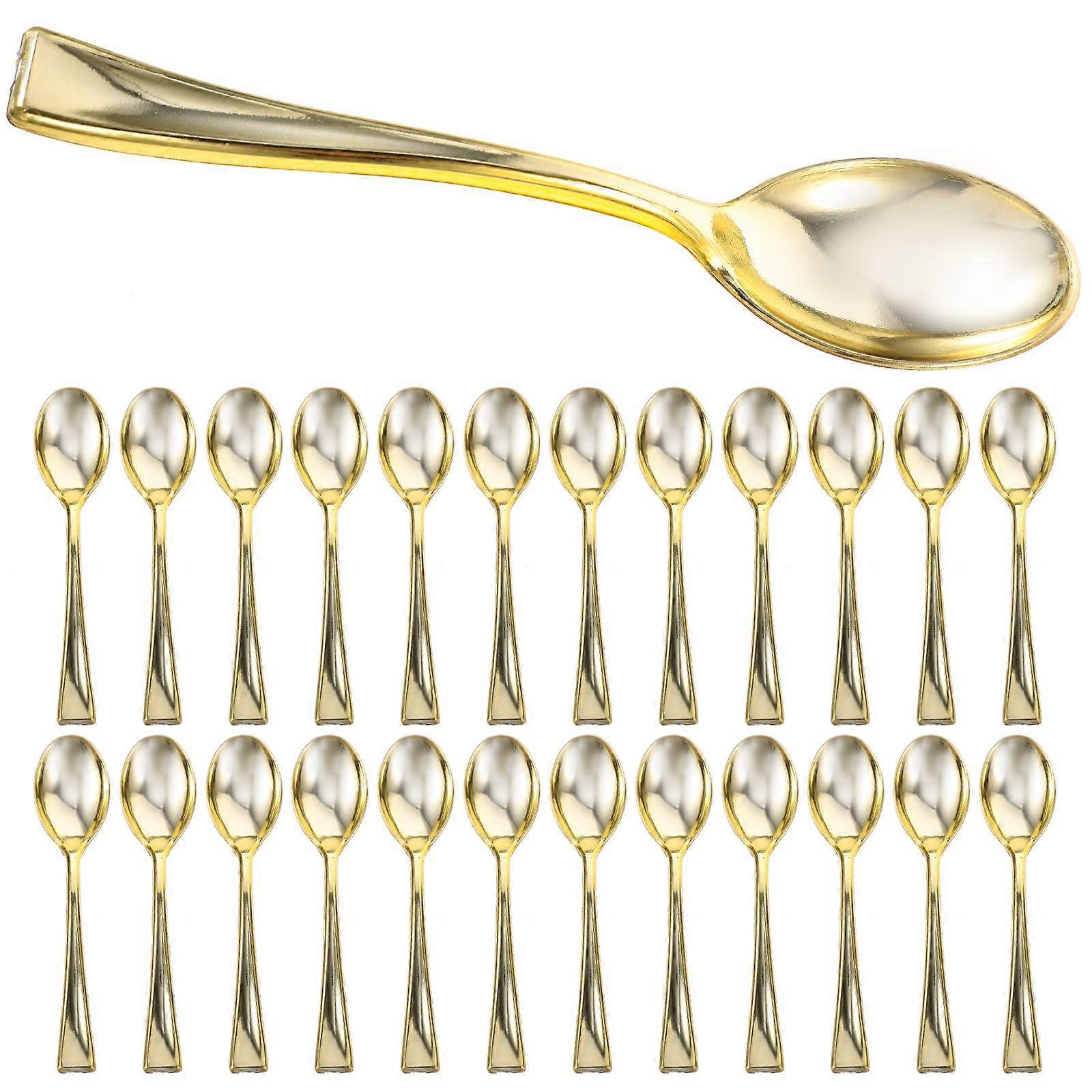 24Pcs Mini Spoons Plastic Cake Spoons Disposable Dessert Spoons Ice-cream Spoons for Home Shop Party Golden