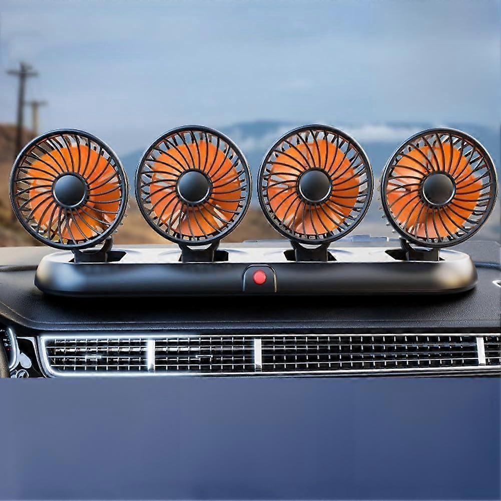 Back Seat Car Fan 4Head 360Degree Multidirectional Airflow, USB, 12V/24V Compatible, Fits Truck SUV Van