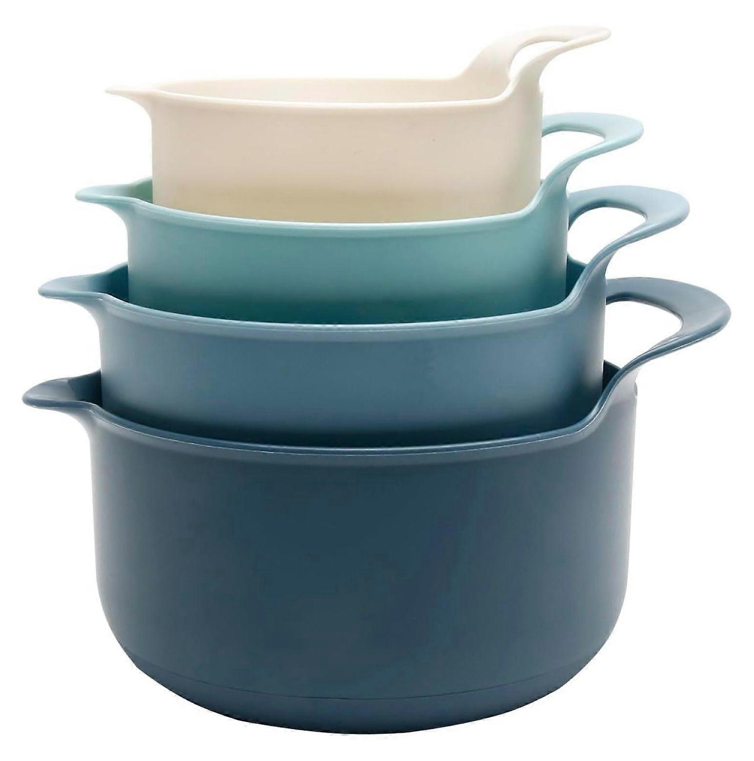 Nesting Plastic Mixing Bowl Set with Pour Spouts and Handles, Blue, 4 Piece Non-Slip
