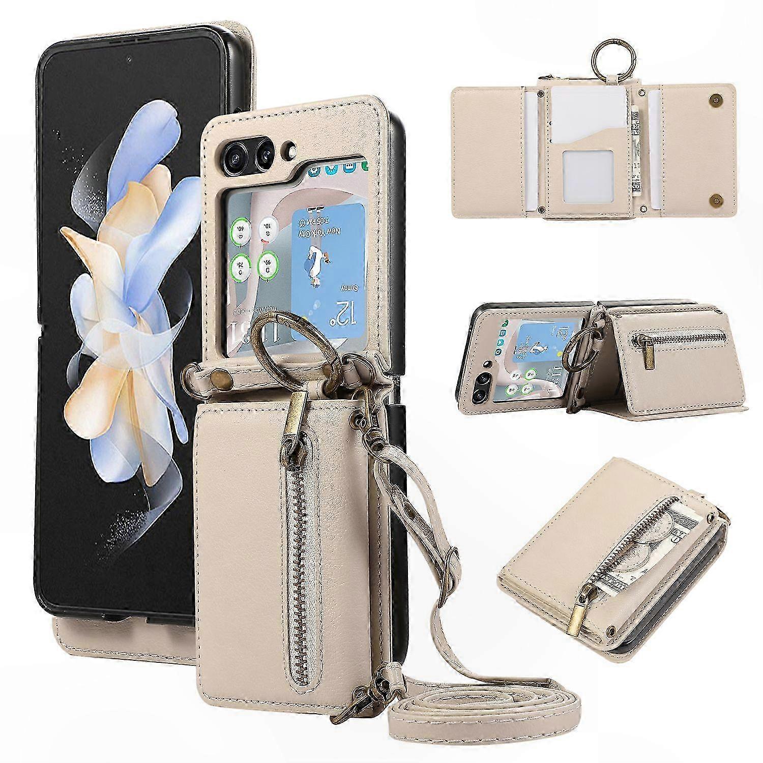 Leather Back Cover Zipper Wallet with Kickstand for 5G Foldable Phone Case and Shoulder Strap Support