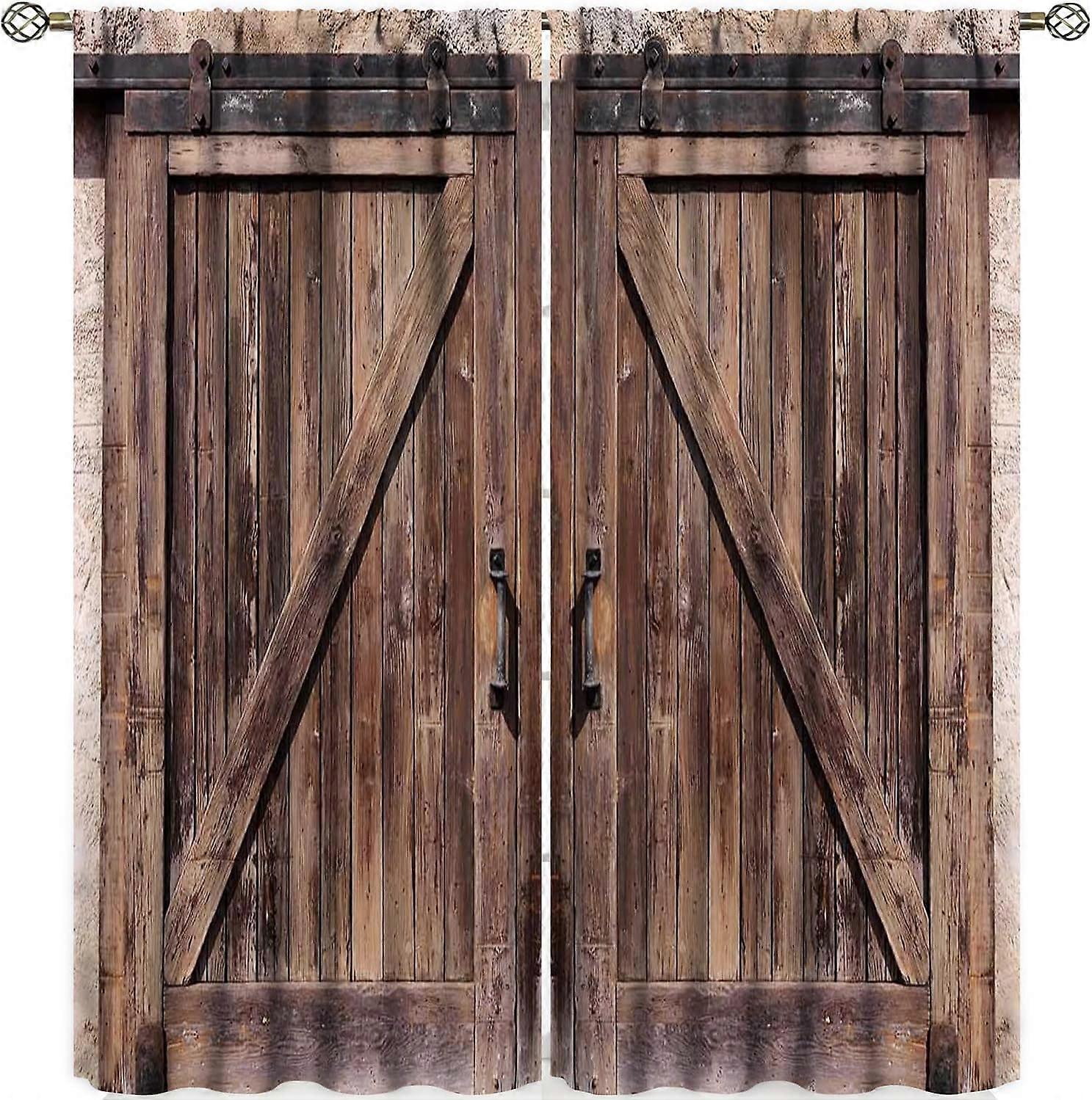 3D Hd Printing Blackout Curtains 183 x 214 cm, Eyelet Curtain, Super Soft Embossed, Retro Wooden Door Design