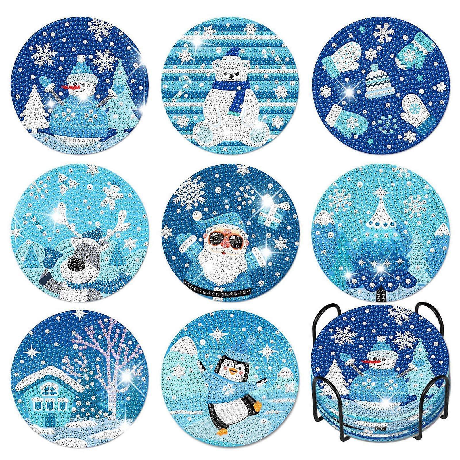 Diamond Art Cup Coaster 8Piece Set DIY 5D Round Diamond Coasters Kit With Holder Snowman Style Christmas Decoration