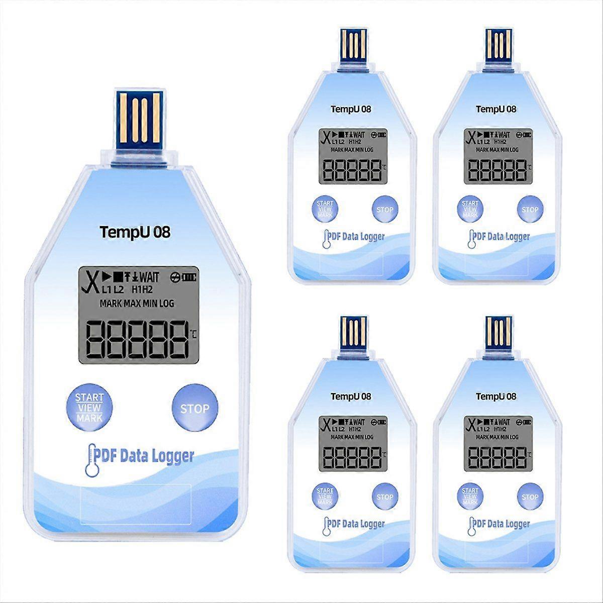 USB Digital Temperature Data Logger 5-Pack, Single Use, IP67 Waterproof, Auto PDF/CSV Reports for C
