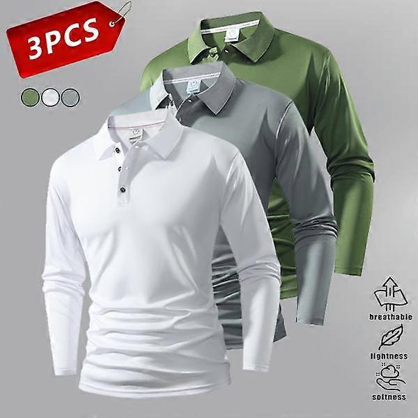 3er-Pack Herren-Poloshirts mit langen Ärmeln – Atmungsaktive, weiche Herrenhemden, normale Passform, Unifarben, vielseitig tragbar | Minim