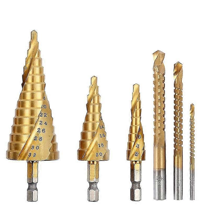 6pcs Titanium Hex Step Drill Bit Set 4-12/20/32mm Metal Hole Cutter Wood Cone Core Drilling Tool+sa
