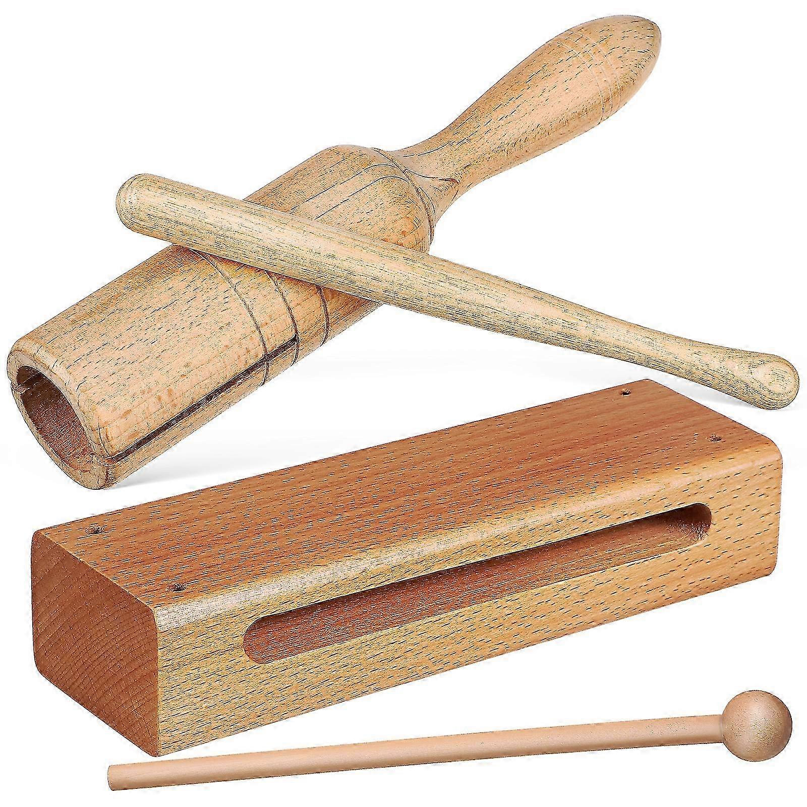 2 Sets of Single Tone Wood Block and Handheld Clapper Tube with Wooden Beaters Educational School Percussion Instruments