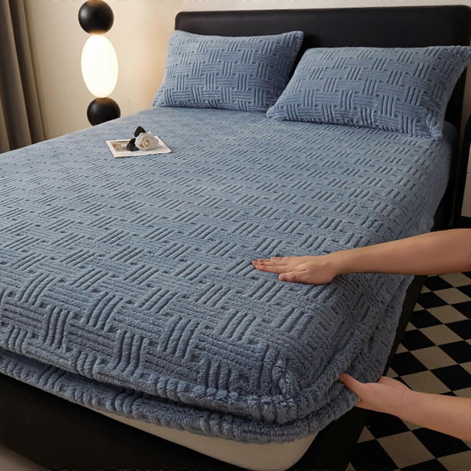 Fitted Sheet Set, Dark Blue Polyester Cotton, Soft Breathable Wrinkle Bedding with 2 Pillowcases, 180x200cm