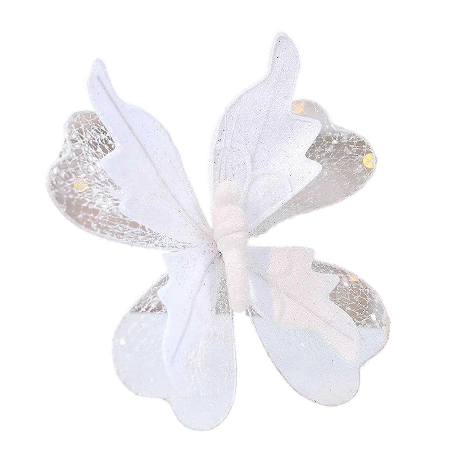 Glittering Butterfly Christmas Decoration Shatter Resistant Fabric Mesh Hanging Ornament For Mantel Window Display  White