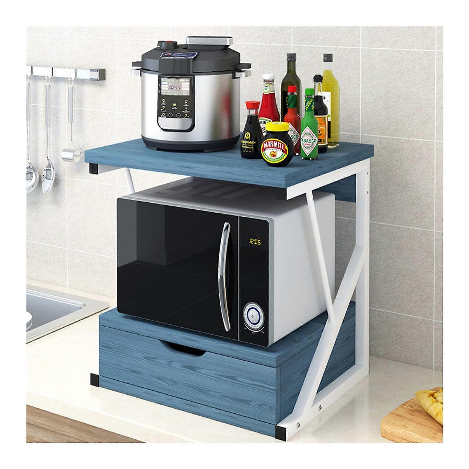 Microwave Storage Rack, 2Tier Microwave Oven Rack, Wood Kitchen Shelf With Drawer, Countertop Organizer, Blue