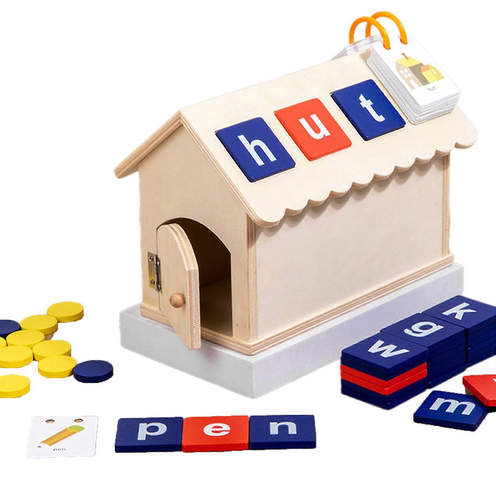 Wood Spelling Word Puzzle Game Toddler Early Educational Toy Develop Mathematics Cognition Skills with 45 Flash Cards Multicolor