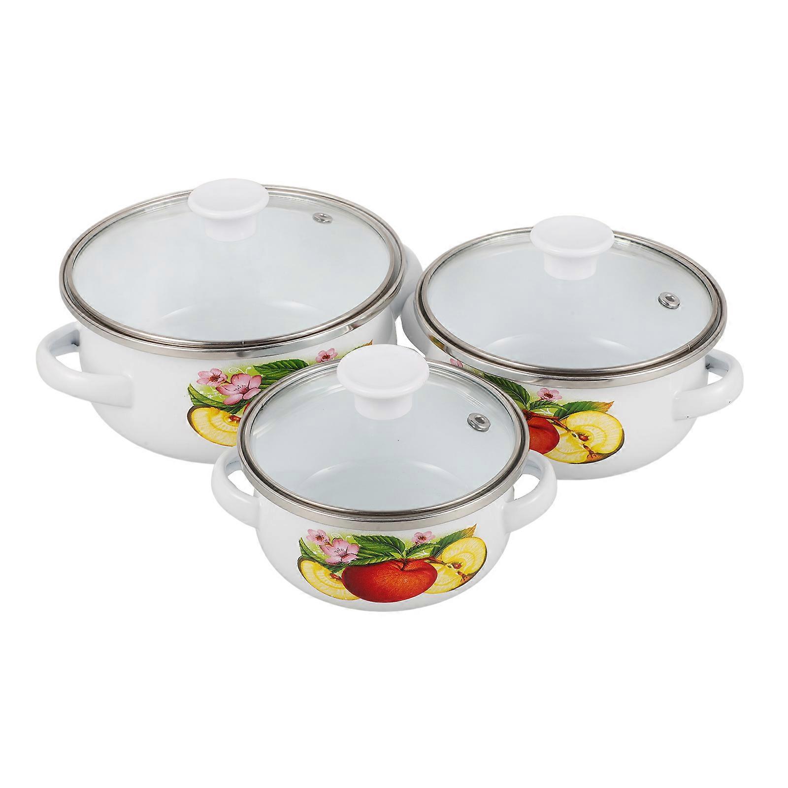 3pcs Enamel Stock Pot Set - Double-Handle 16 Quart Cooking Pot With Lid For Stews & Soups - Household Cookware In Random Patterns