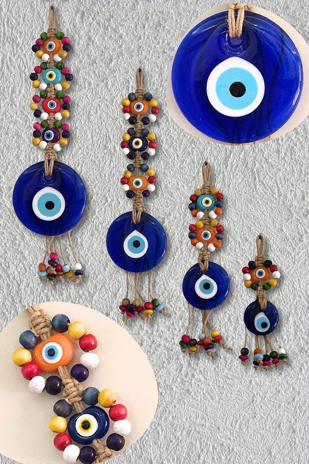Handmade Evil Eye Wall Hanging Set with Colorful Beads and Macrame Cotton – 4pc Turkish Nazar Boncugu Decor