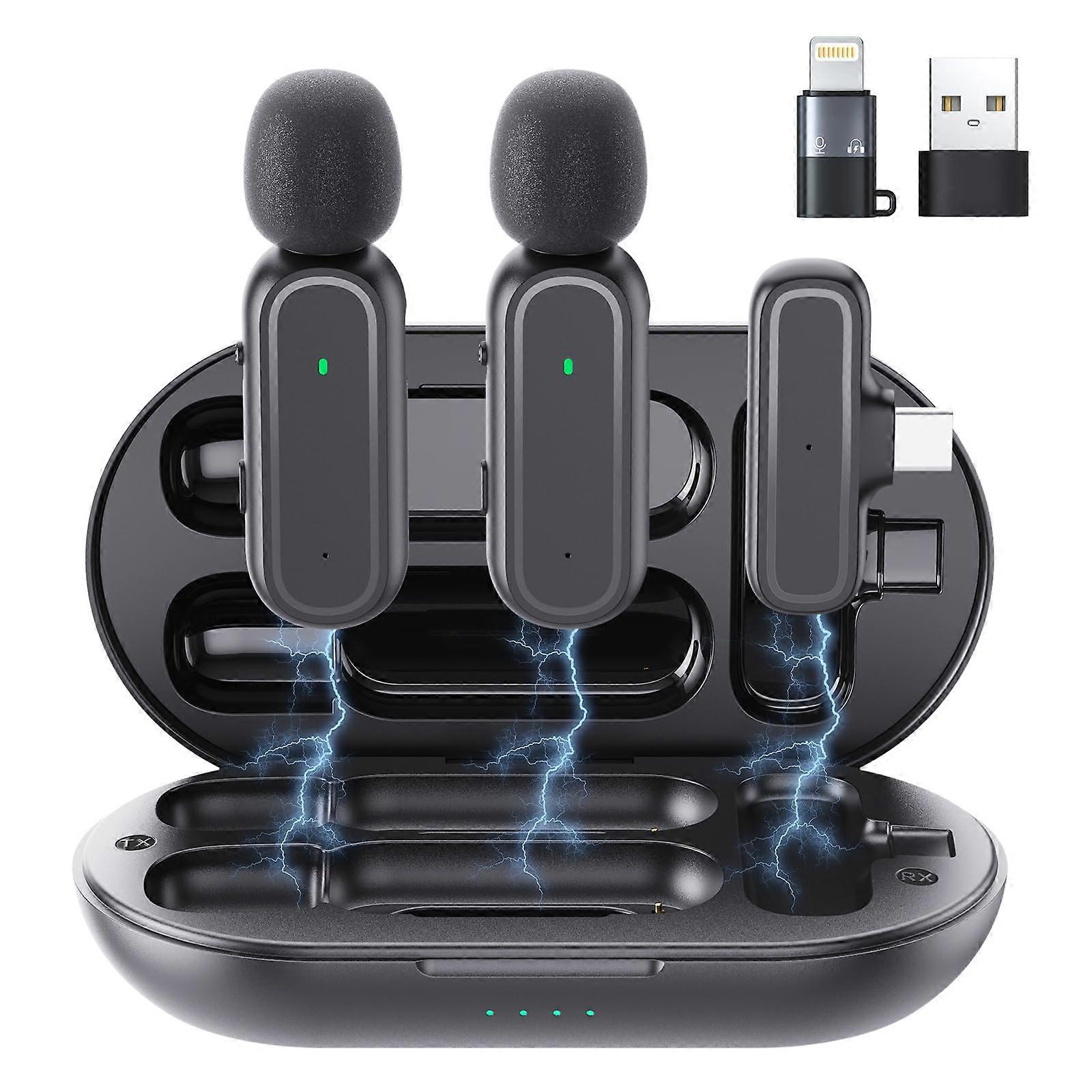 2 Pcs Wireless Lavalier Microphone for iPhone Android PC, Clip On Noise Reduction Mics, 65ft Range, 8H Battery, Charging Case