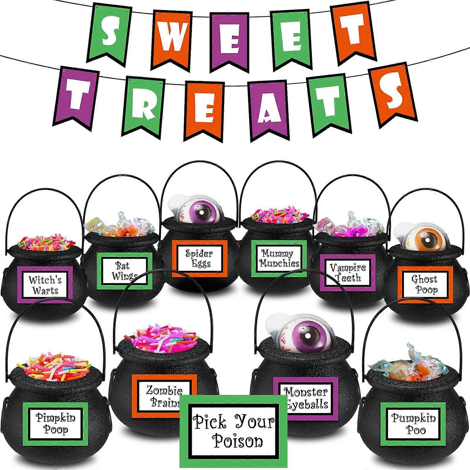 12 Pcs Halloween Party Decorations Set with Mini Black Witch Cauldrons and Candy Bucket Holders