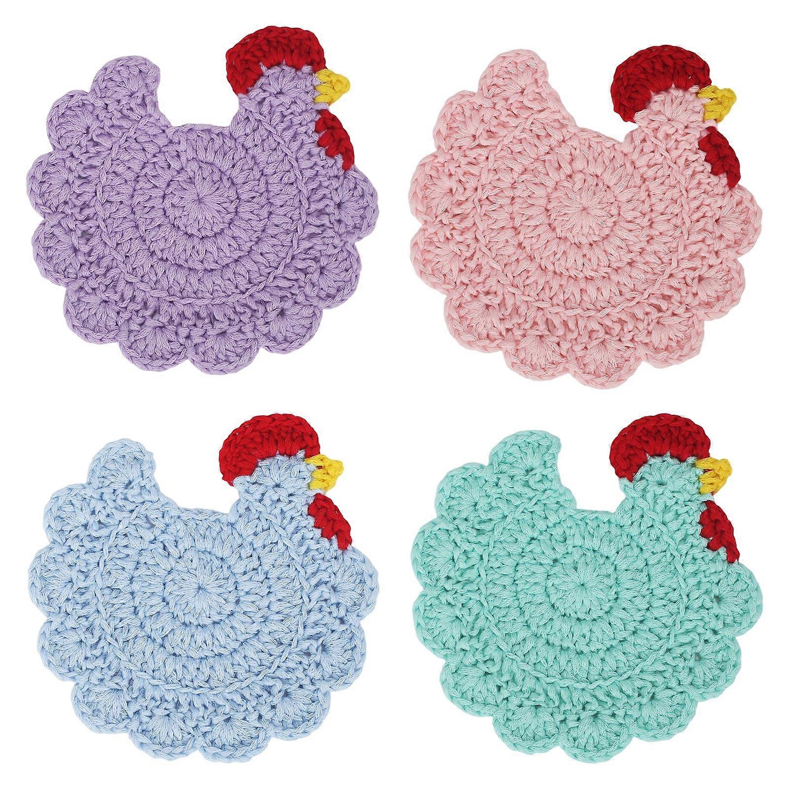 Crochet Coasters Set of 4 Handmade Chicken Shape Farmhouse Style Table Decor and Drink Protection