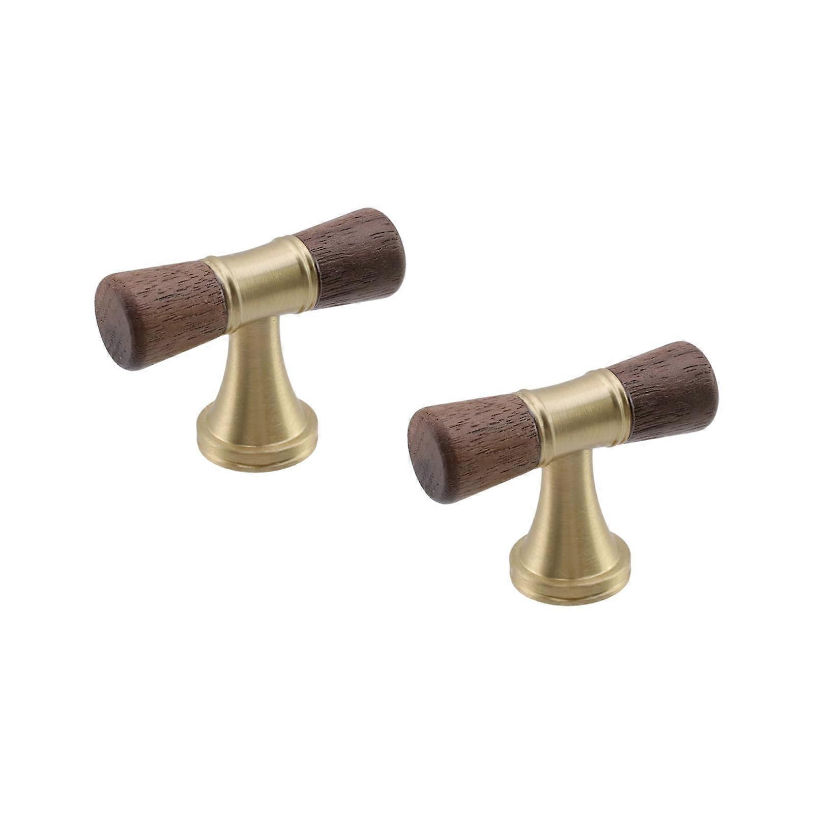 Walnut Cabinet Knobs with Brass Base, Single Hole T Bar Drawer Pull Handles with Screws, 2 Pcs