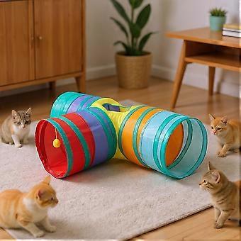 T-förmiger Katzentunnel, interaktives 3-Wege-Spielzelt, farbenfrohes, zusammenklappbares Katzenlabyrinth mit Hängeball und Gucklöchern für drinnen zum Spielen und Ausruhen, 84 x 25 cm