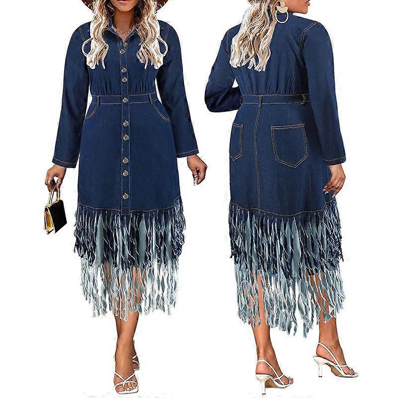 Women's Patchwork Denim Collared Tassel Midi Dress