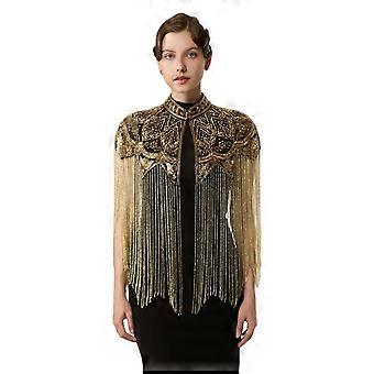 Long Fringe Shoulder Shawl with Geometric Embellishment, Raised Collar Formal Wrap for Parties, Balls and Photography  black silver