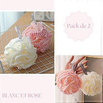 Set of 2 soft shower sponges with balls, bath flower with ribbon, for sensitive skin, white and pink sponge