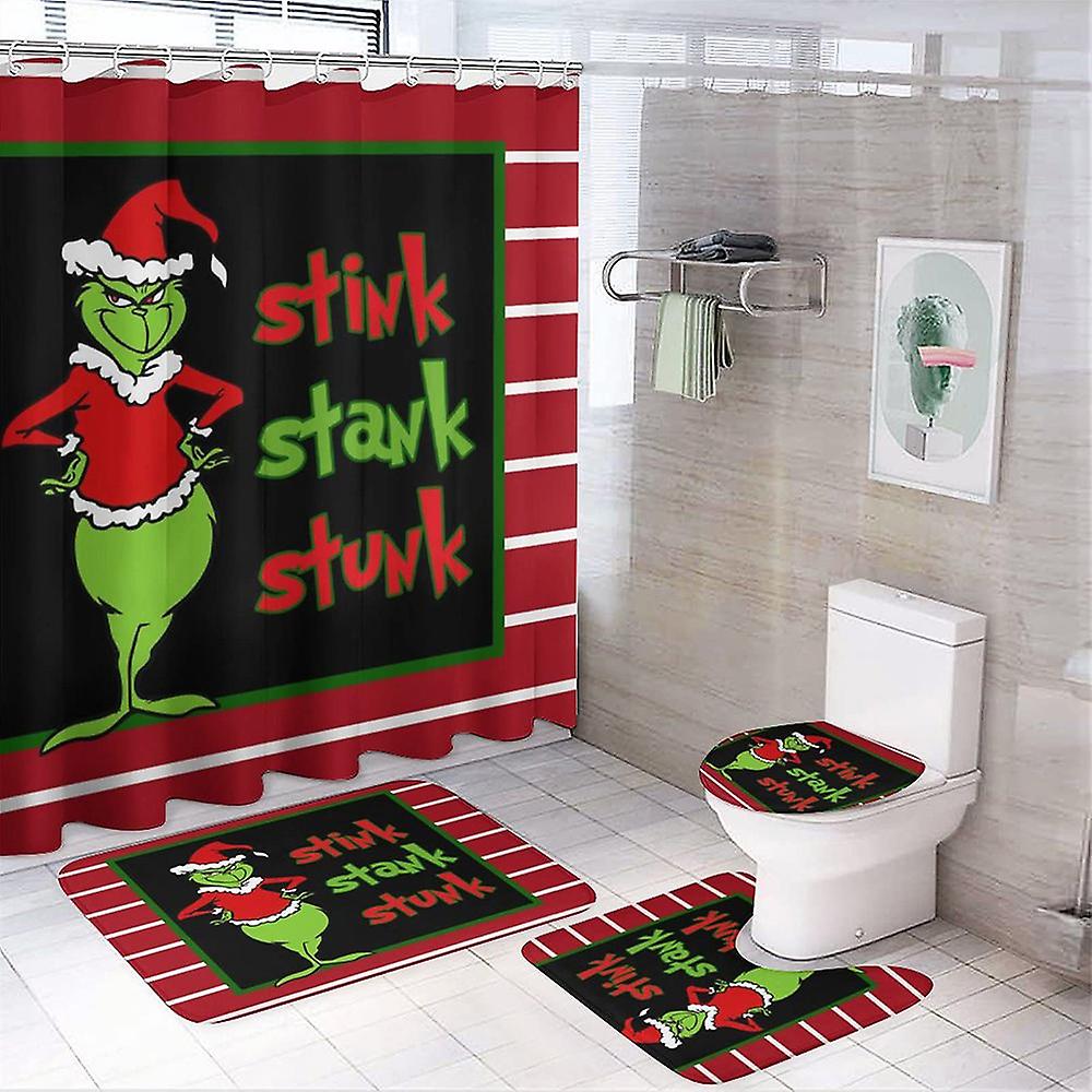 4 Pcs Grinch Pattern Shower Curtain Set Non-transparency Easy To Install For Bathroom Accessories Set