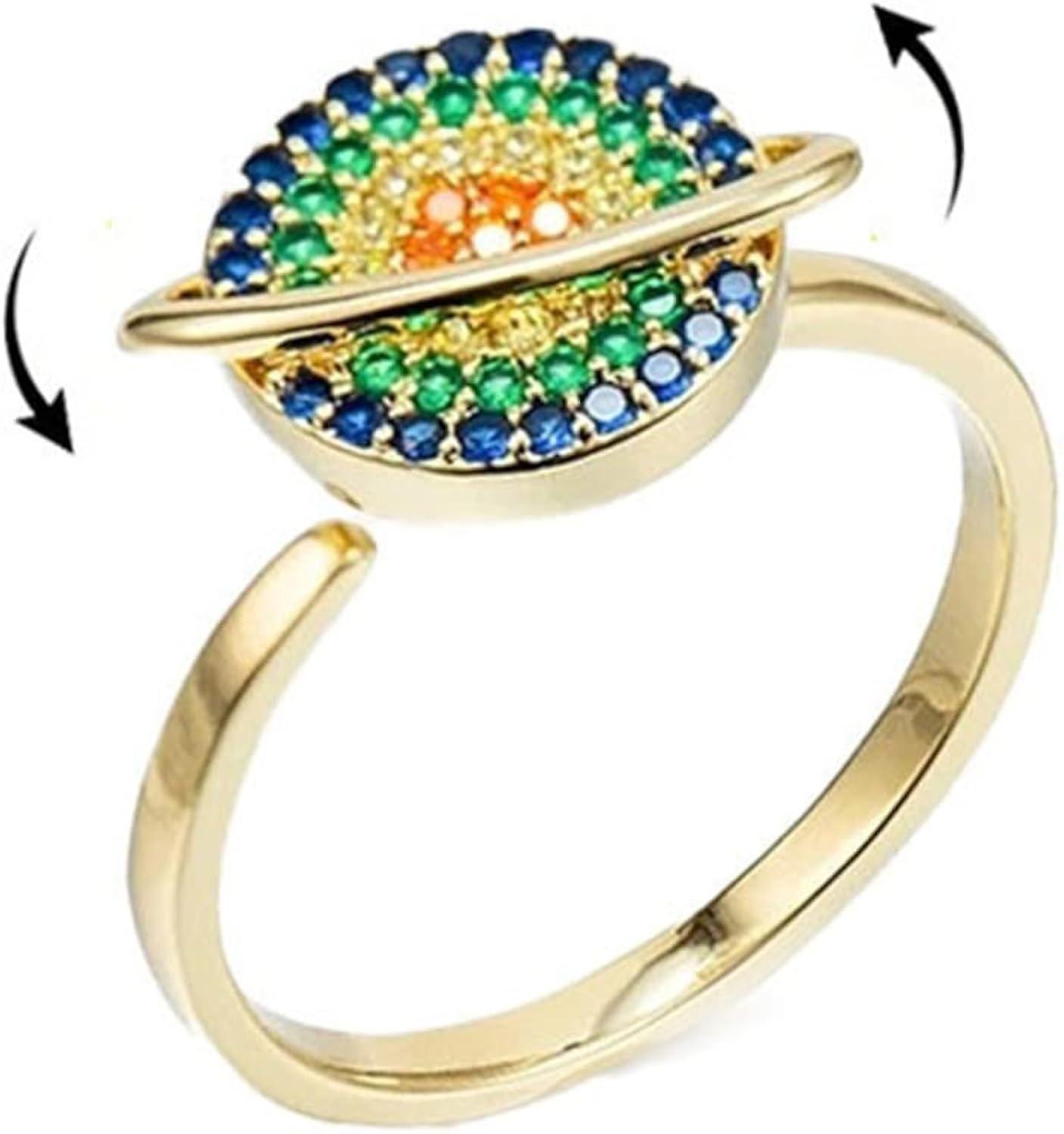 回転する惑星ヒマワリフィジェットスピナー不安リングオープンアジャスタブルフラワーキュービックジルコニアクリスタルビーズストレスリリーフスタッキングバンドリング女性用私