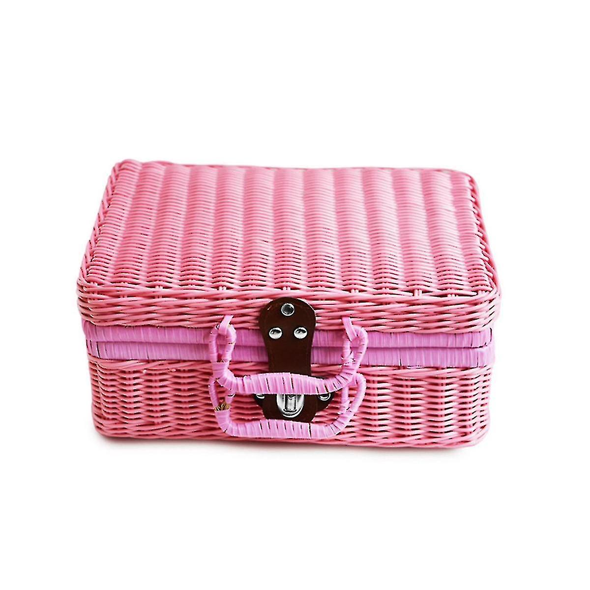 Retro Imitation Rattan Picnic Basket Woven Suitcase Hand Woven Photography Props Storage Pink