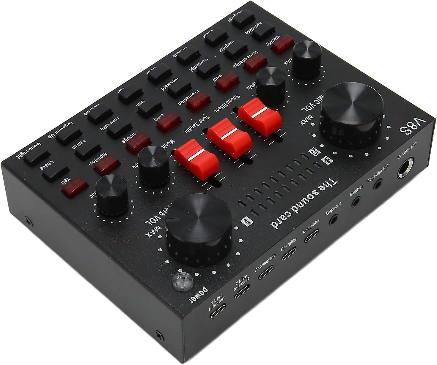 Live Sound Card with 16 Sound Effects, 8 Modes Voice Changer Sound Mixer Board for Karaoke, Live Str