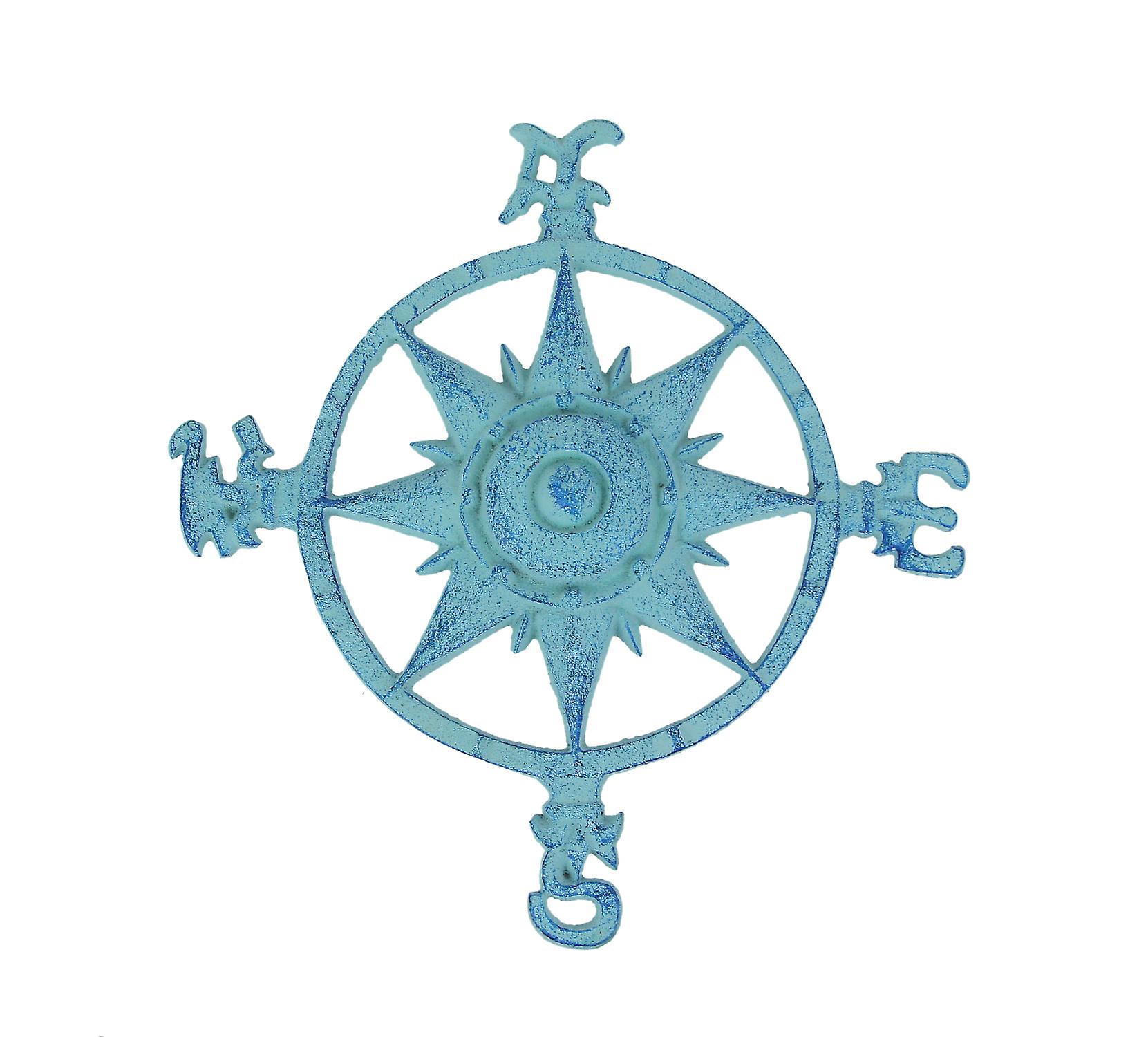 Weathered Blue Cast Iron Nautical Compass Rose Wall Hanging