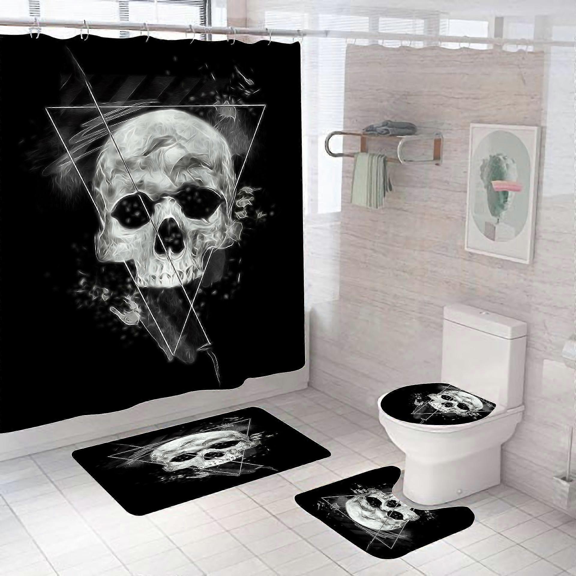 Geometrischer Totenkopf Halloween Duschvorhang Sets, Generisches Halloween Badezimmer Dekor Set 71 Zoll x 71 Zoll - Duschvorhang mit Matte, WC-Deckelabdeckung, Fledermaus