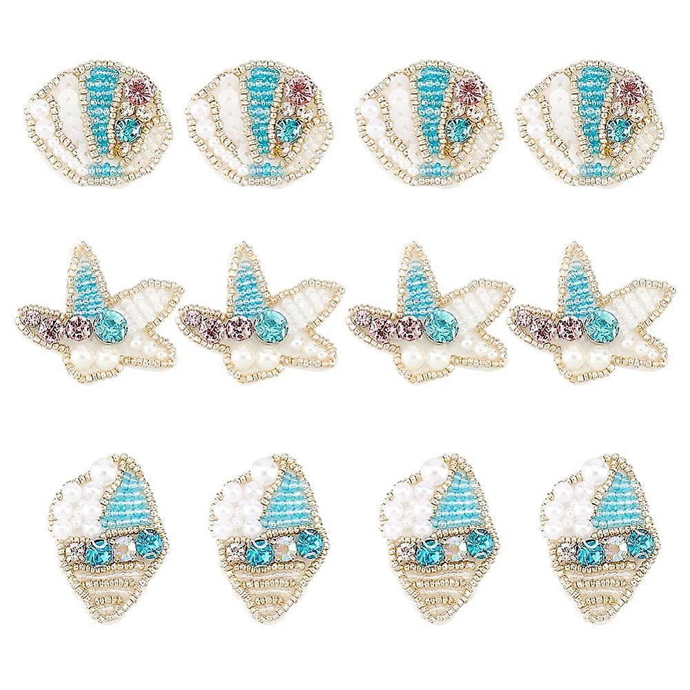 12PCS Pearl Applique Sewing Patches Starfish & Conch & Shell Shape Beading Patch Marine Creatures Beaded Appliques Sew on Patches