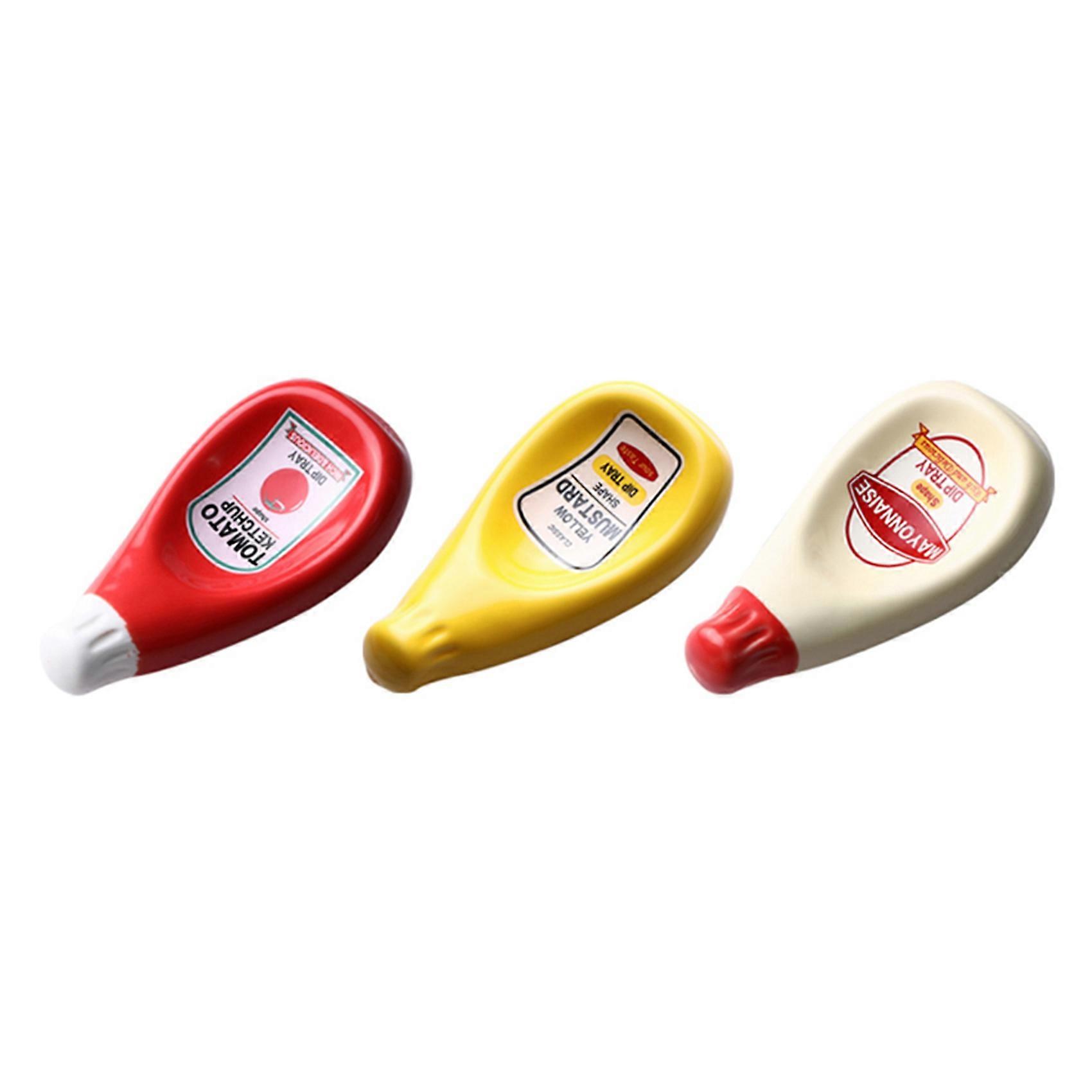 3 Pcs Ceramic Extruded Tomato Sauce Bottle Shape Dish Soy Sauce Plate Ketchup Mayonnaise Mustard Seasoning Dish - S
