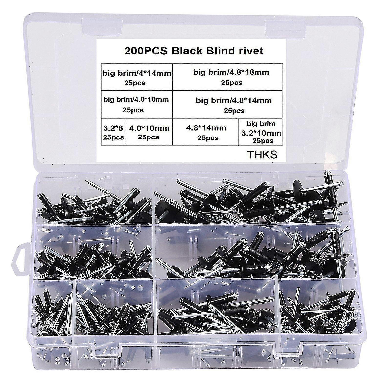 200pcs Rivets Multiple Corrosion-resistant Big Brim Black Blind Rivet Set For Automobiles