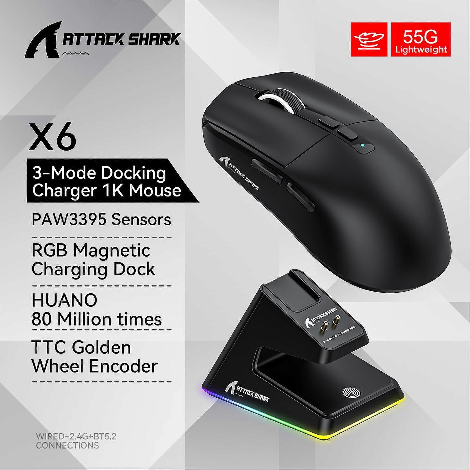 Souris Bluetooth Attack Shark X6 PAW3395, connexion tri-mode, base de chargement magnétique tactile RVB, souris de jeu macro