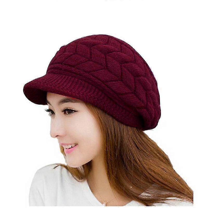 Women Winter Warm Knit Hat Wool Snow Ski With Visor (red)